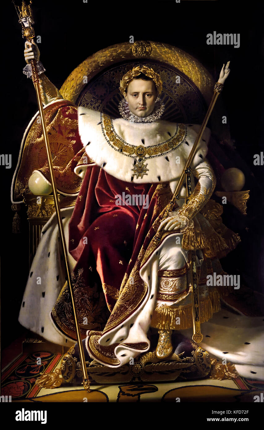 Napoléon sur son trône impérial, 1806, Jean-Auguste-Dominique Ingres 1780-1867, huile sur toile, 260 x 163 cm ( Napoléon Bonaparte 1769 - 1821 que Napoléon I, il a été empereur des Français de 1804 jusqu'en 1814, et encore brièvement en 1815 (pendant les Cent Jours). Napoléon a dominé les affaires européennes et mondiales pour plus d'une décennie tout en menant la France contre une série de coalitions dans les guerres napoléoniennes. Il a gagné la plupart de ces guerres et de la grande majorité de ses batailles, la construction d'un grand empire qui a régné sur l'Europe continentale avant son effondrement final en 1815. ) Banque D'Images Napoléon sur son trône impérial, 1806, Jean-Auguste-Dominique Ingres 1780-1867, huile sur toile, 260 x 163 cm ( Napoléon Bonaparte 1769 - 1821 que Napoléon I, il a été empereur des Français de 1804 jusqu'en 1814, et encore brièvement en 1815 (pendant les Cent Jours). Napoléon a dominé les affaires européennes et mondiales pour plus d'une décennie tout en menant la France contre une série de coalitions dans les guerres napoléoniennes. Il a gagné la plupart de ces guerres et de la grande majorité de ses batailles, la construction d'un grand empire qui a régné sur l'Europe continentale avant son effondrement final en 1815. ) Banque D'Images