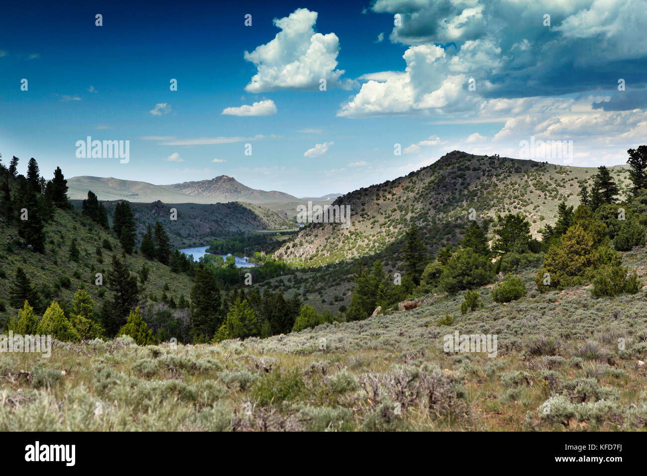 Usa, Wyoming, du cantonnement, vue sur une vallée avec la rivière North Platte dans la distance, abara ranch Banque D'Images