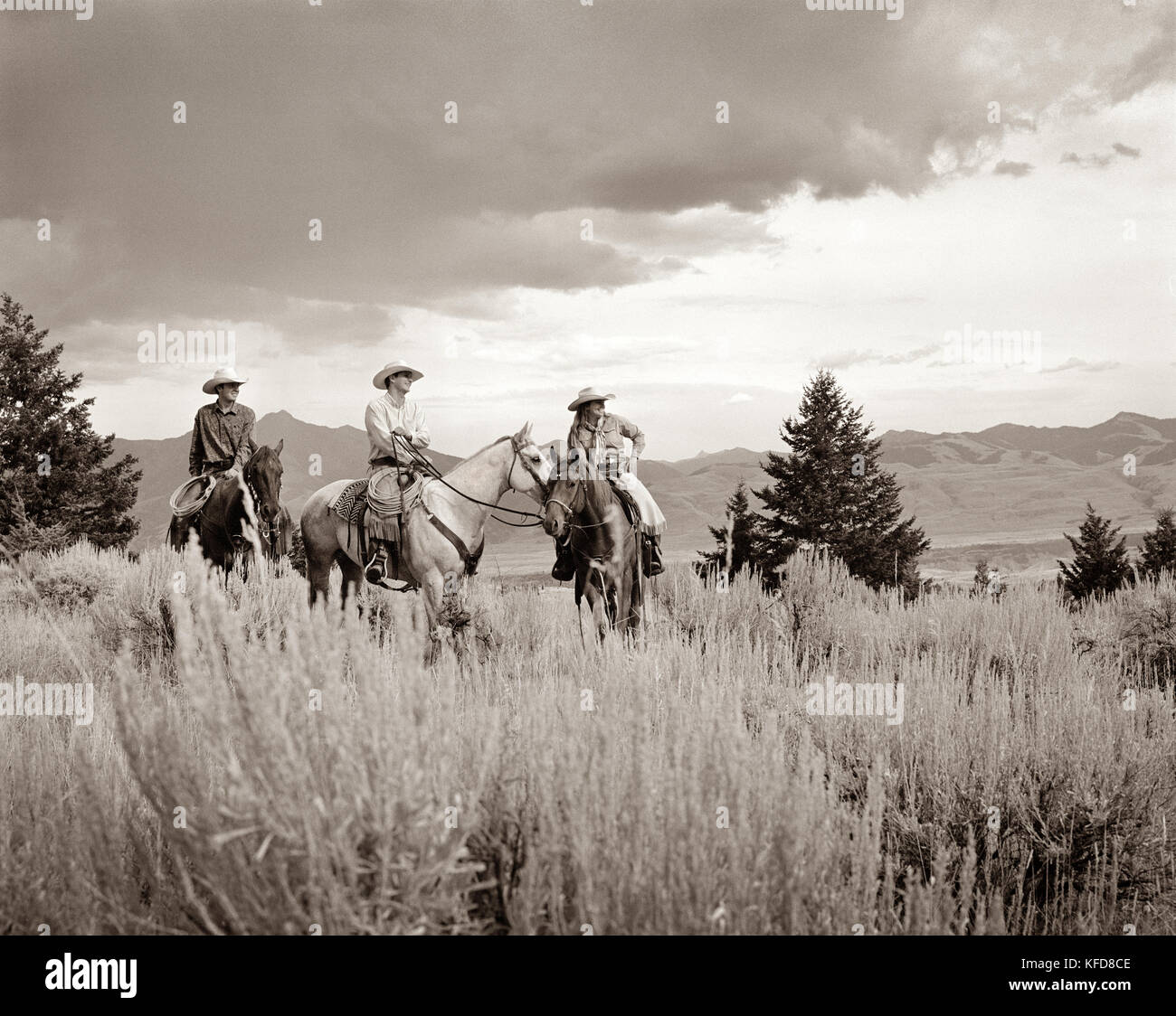 États-Unis, Montana, cowboys et cowgirl assis sur des chevaux, Gallatin National Forest, Emigrant (B&W) Banque D'Images