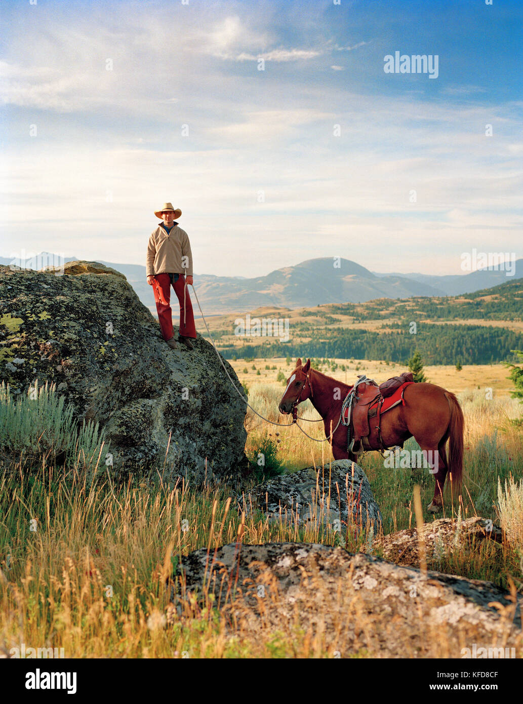 États-Unis, Montana, cowboy debout sur des rochers tenant la corde de plomb de cheval, Gallatin National Forest, Emigrant Banque D'Images