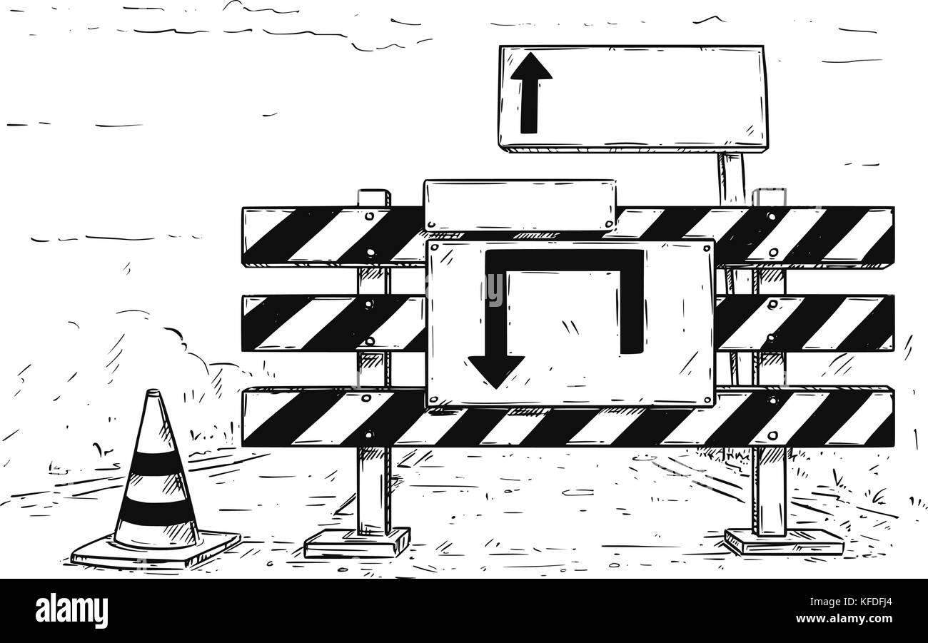 Vector cartoon dessin du bloc de la route avec déviation stop vide vide les panneaux. Illustration de Vecteur