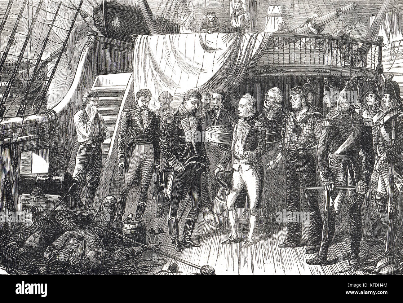 Horatio Nelson, acceptant la cession, de recevoir l'épée de la capitaine espagnol de la San Josef, Bataille du cap St Vincent, 1797 Banque D'Images