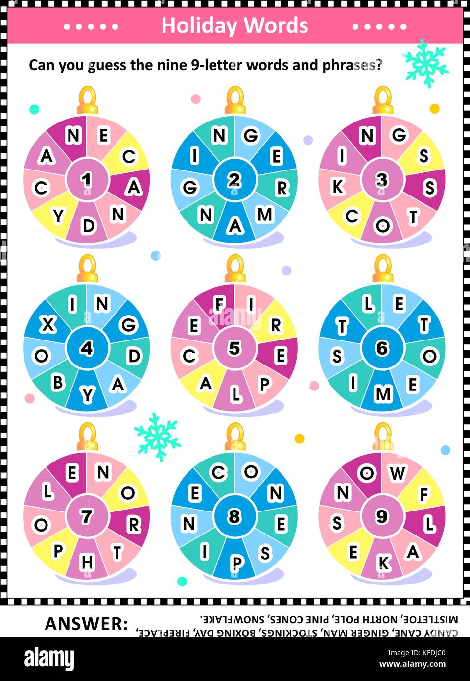Noël ou Nouvel an word puzzle (en anglais) avec l'hiver et de vacances autour de mots écrits les ornements : pouvez-vous deviner les 9 lettres mots ? Illustration de Vecteur