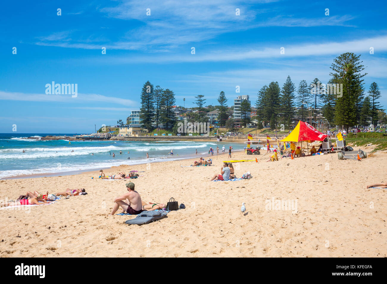 Pourquoi Dee beach sur plages du nord de Sydney et de sauveteurs et de l'équipement de sauvetage de surf,drapeaux Sydney, Australie Banque D'Images