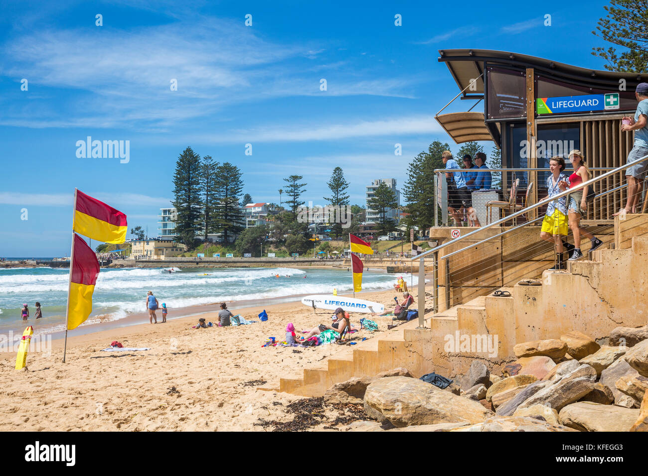 Pourquoi Dee beach sur plages du nord de Sydney et de sauveteurs et de l'équipement de sauvetage de surf,drapeaux Sydney, Australie Banque D'Images