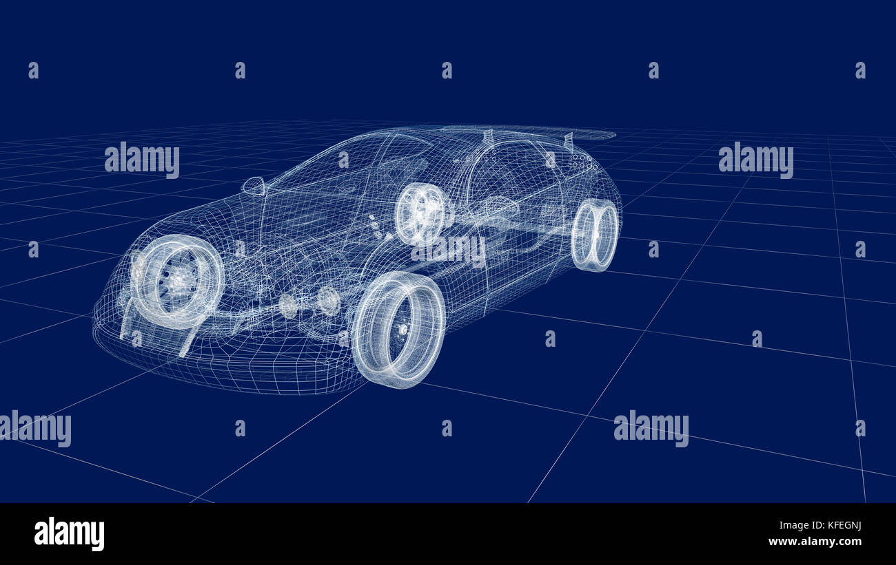 Transparent car design, modèle de fil.3D illustration. Mon propre modèle de voiture. Banque D'Images