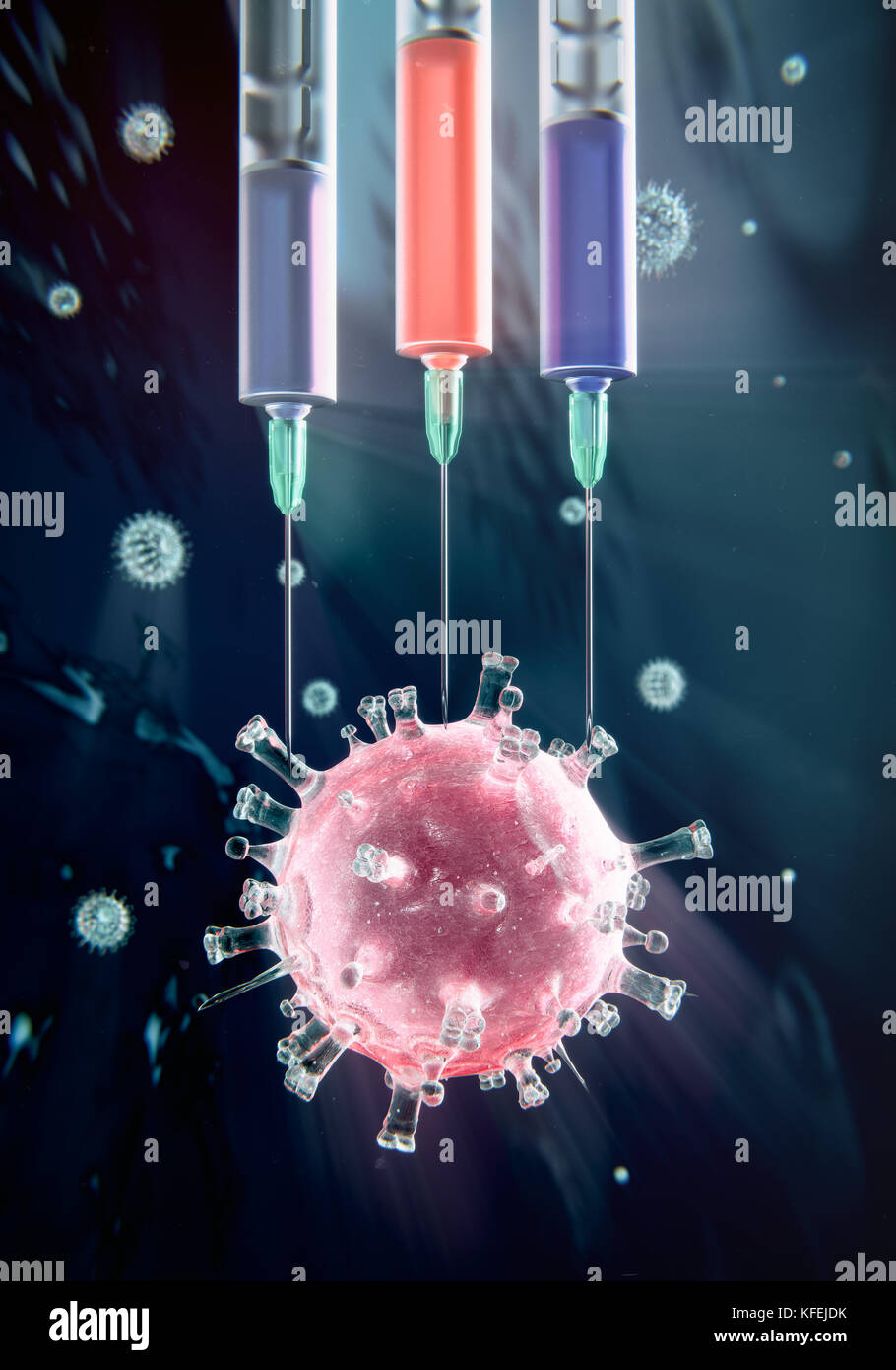 Vaccin combiné contre les maladies, trois seringues ciblant un virus, 3d illustration Banque D'Images