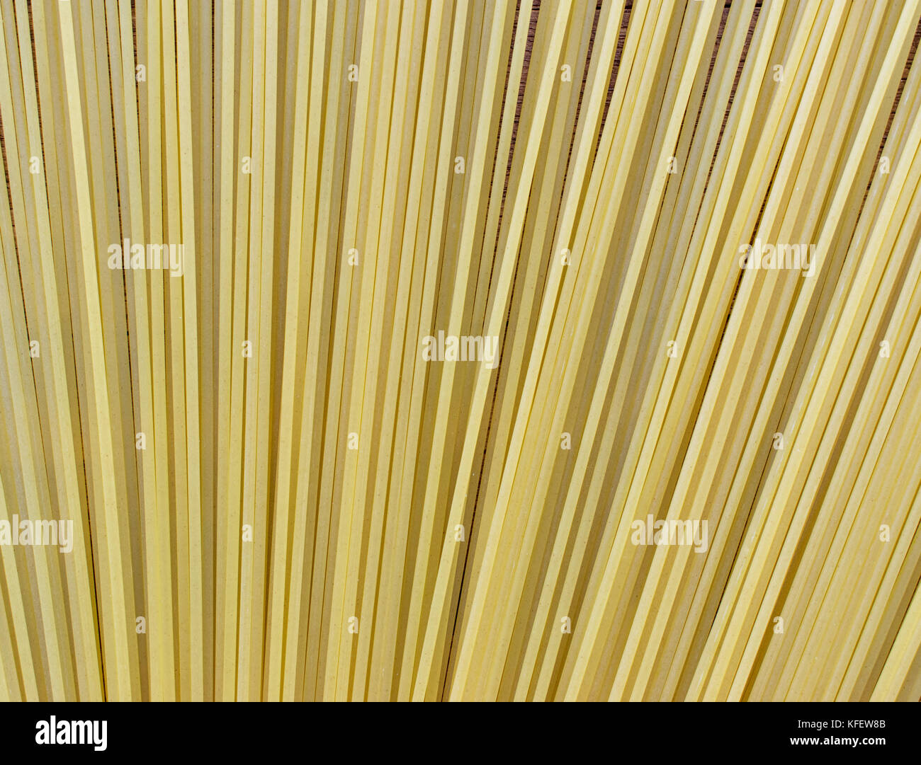 Spaghettis Pâtes alimentaires non cuites sur le dessus d'une surface en bois brun clair, avec beaucoup de farine de blé saupoudré sur le dessus et autour Banque D'Images