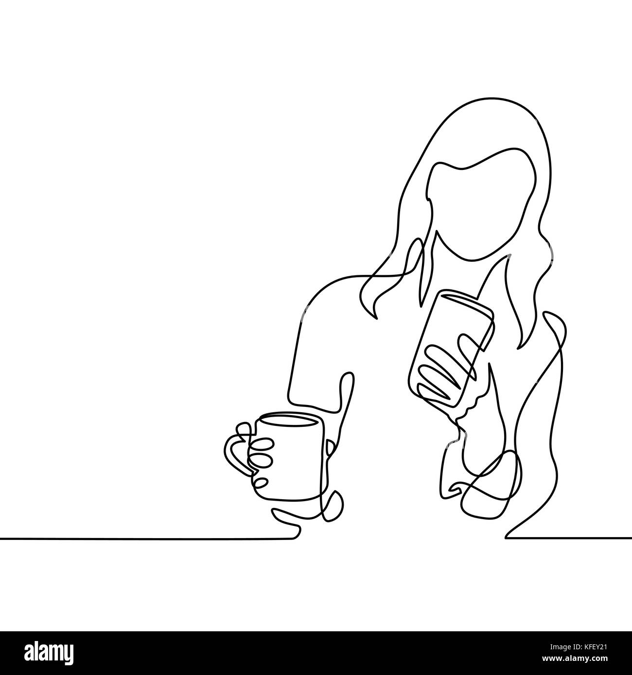 Dessin de ligne continue. Jeune femme à la recherche de téléphone intelligent et de boire du café ou du thé. Vector illustration Illustration de Vecteur