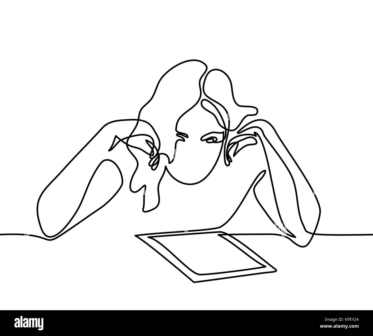 Dessin de ligne continue. Young woman reading book. Vector illustration Illustration de Vecteur