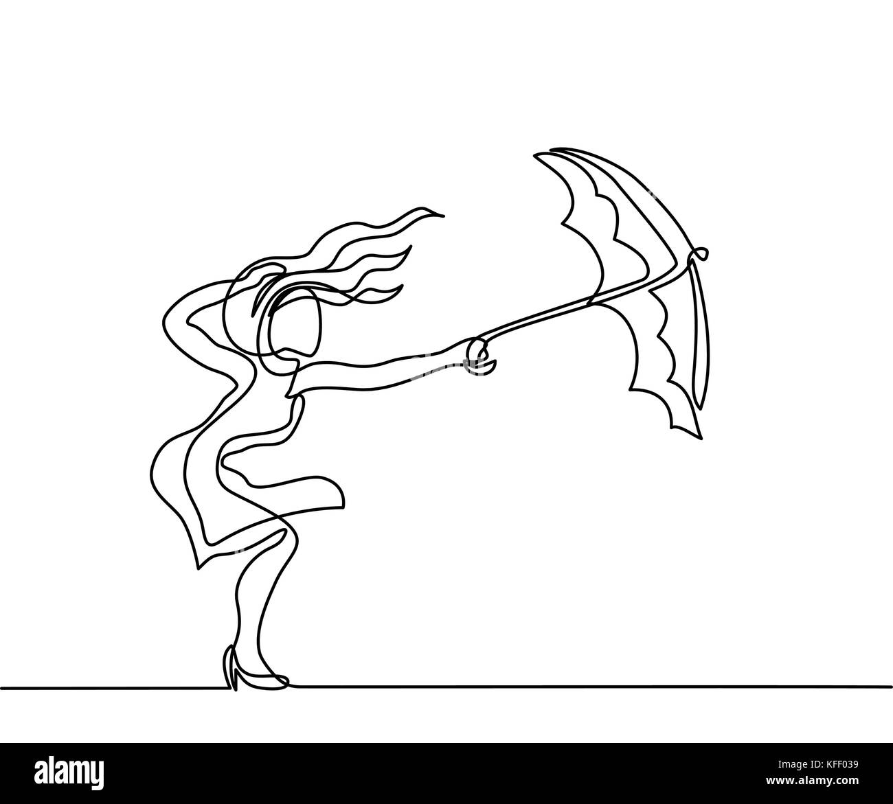 Maintien de la femme de parapluie vent météo. Dessin de ligne continue. Vector illustration. Illustration de Vecteur