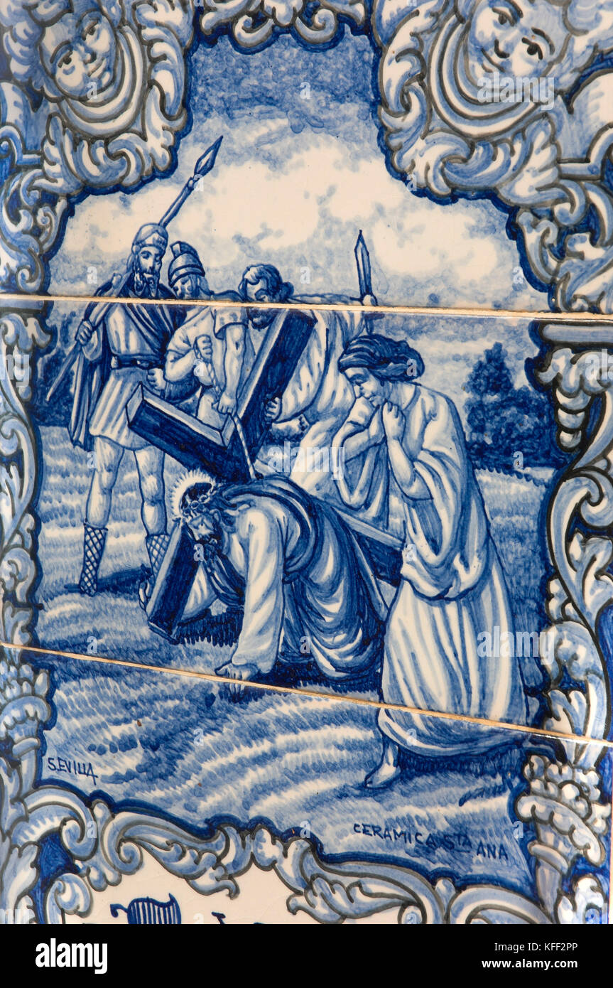 Chapelle de la santa cruz de Arriba - carreau avec scène biblique 'la chute de jésus', lucena del Puerto, province de Huelva, Andalousie, Espagne, eur Banque D'Images