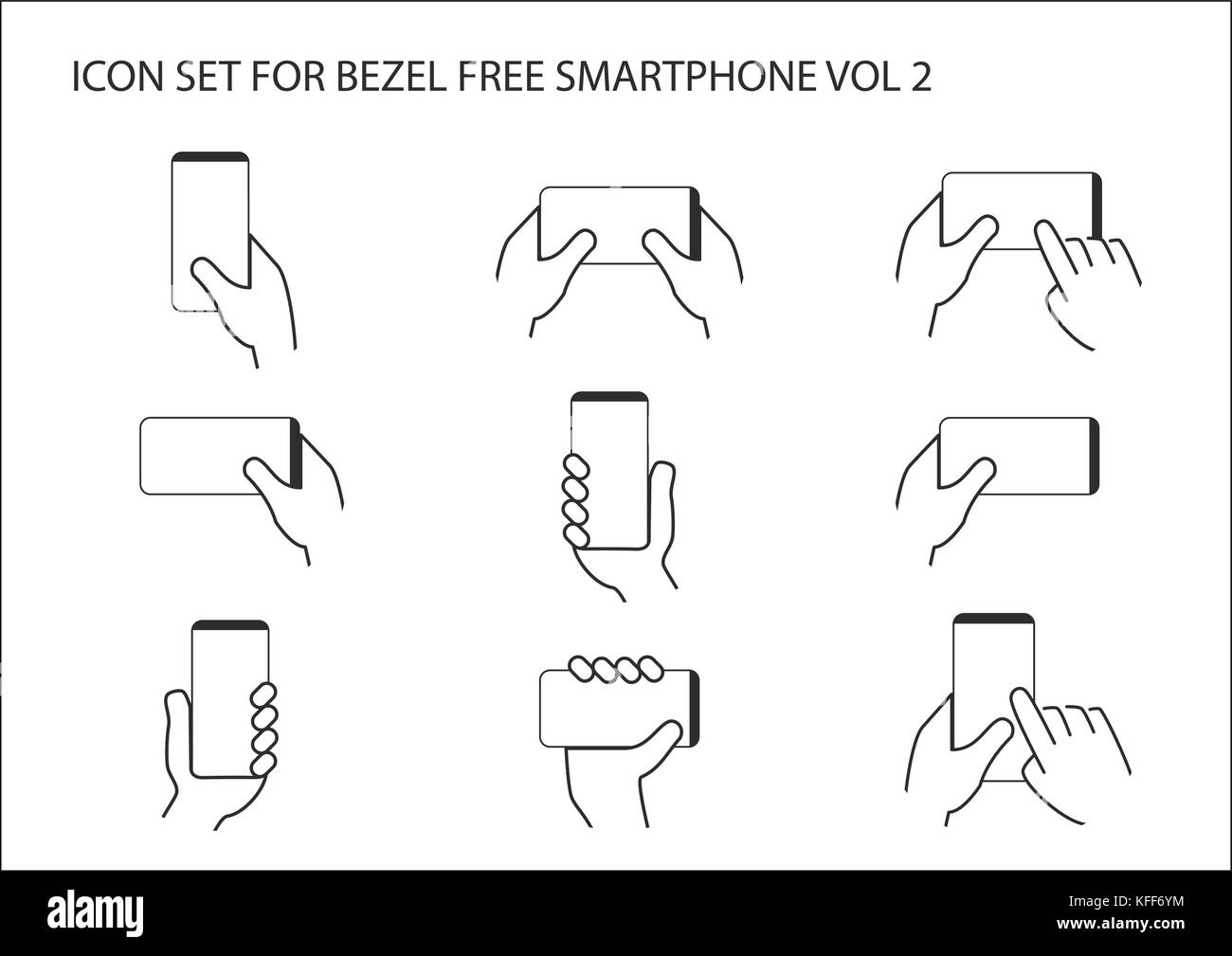 Vector icon set of hand holding moderne libre de cache smart phone dans différentes positions. L'utilisation d'un écran tactile sans cadre avec une ou deux mains Illustration de Vecteur