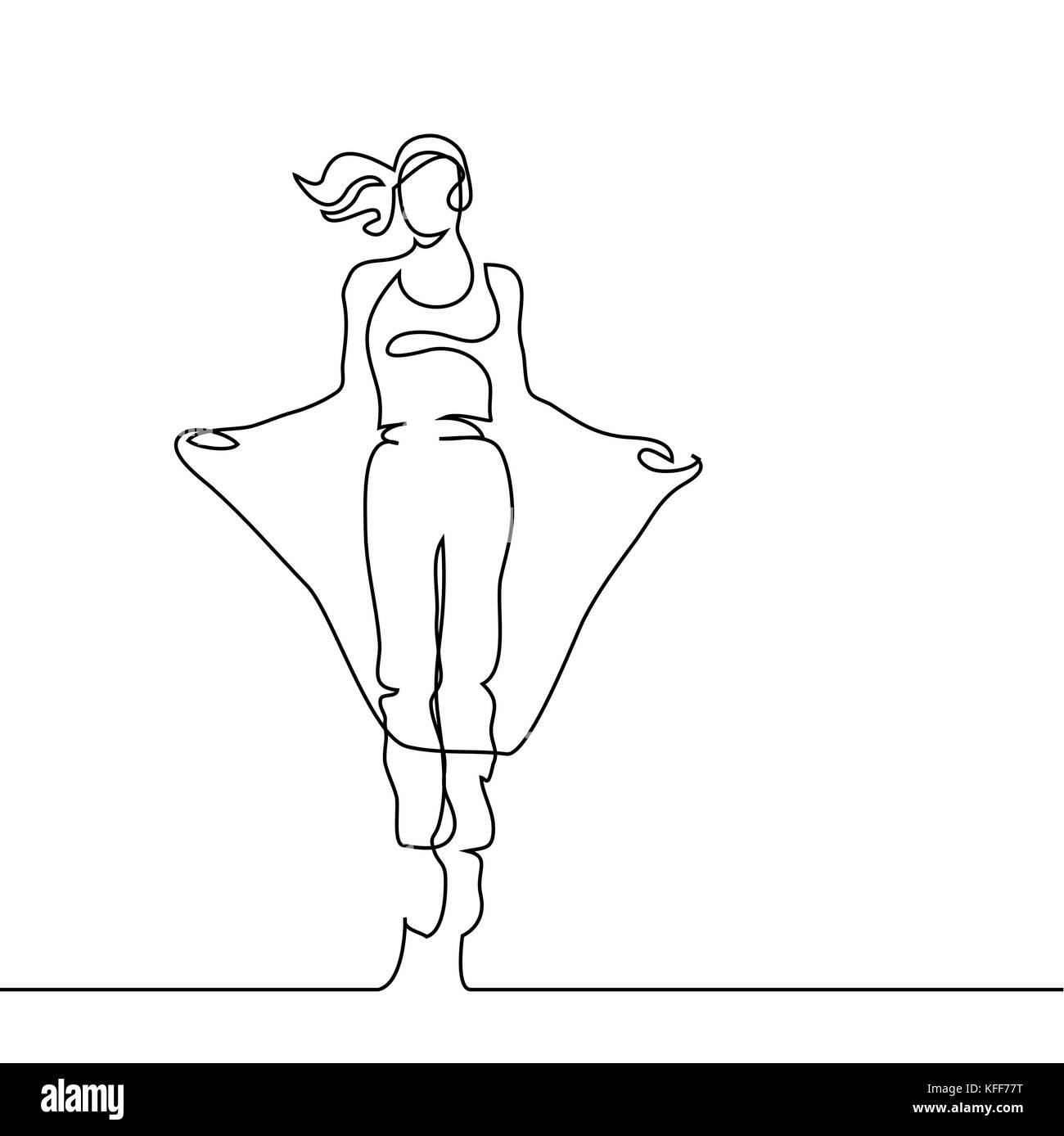 Dessin de ligne continue. Femme saut heureux sur fond blanc. Vector illustration. Illustration de Vecteur