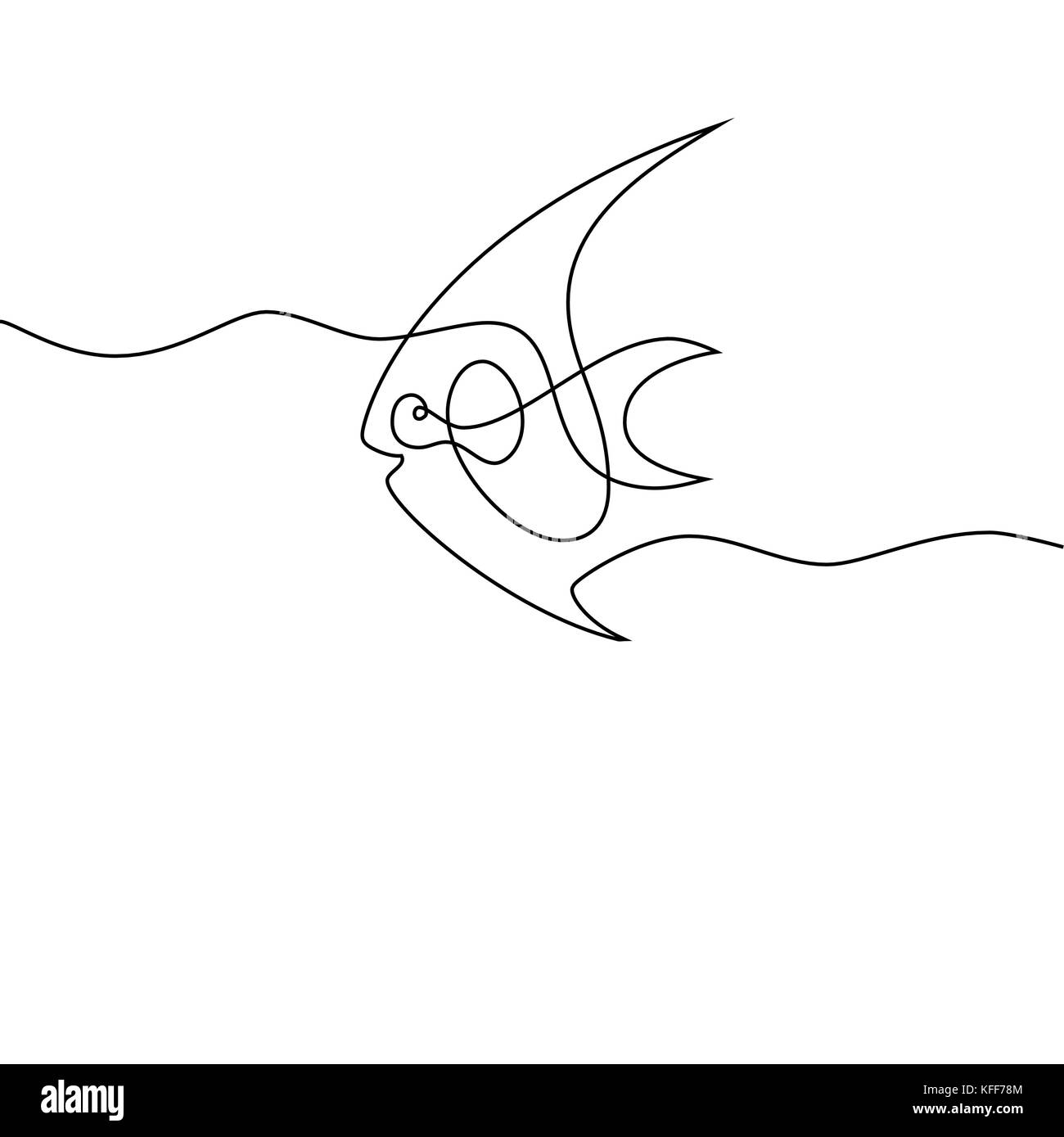 Dessin d'une ligne continue. Logo de poissons exotiques. Vector illustration noir et blanc. Concept de logo, bannière, carte, affiche, flyer Illustration de Vecteur