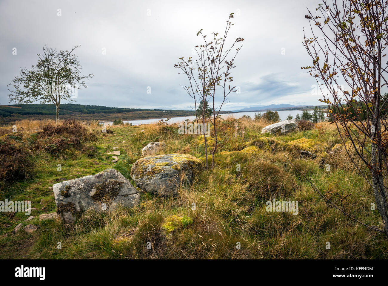 Les ruines de l'âge de fer Bois Ferry Broch donne sur le Loch Shin près de Lairg, les highlands écossais, UK Banque D'Images