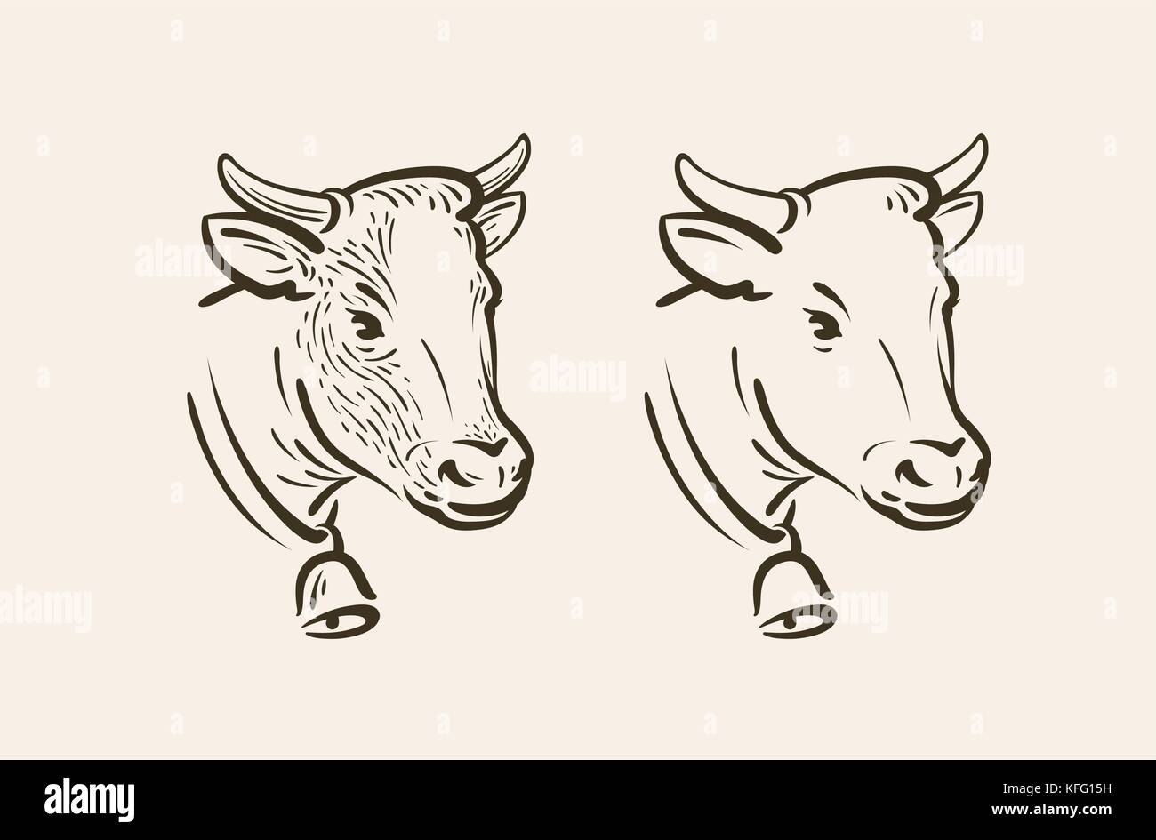 Portrait de vache avec cloche. Ferme laitière, symbole animal ou icône. Illustration vectorielle d'esquisse Illustration de Vecteur