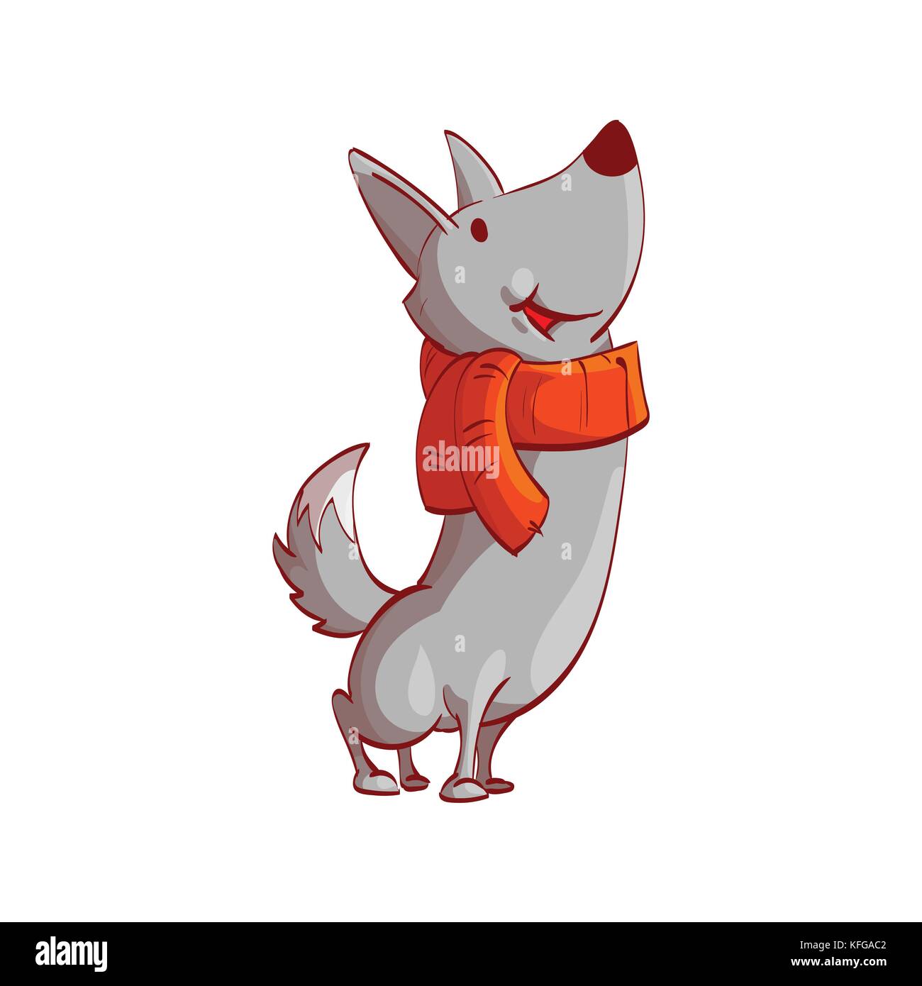 Colorful vector illustration d'un scénario de dessin animé wolf avec écharpe rouge, souriant, regardant vers le haut. Illustration de Vecteur