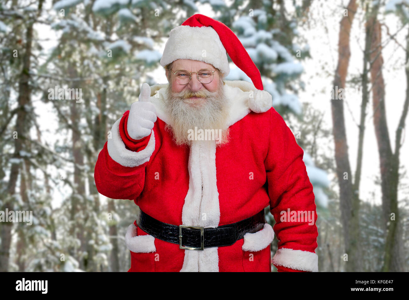 Santa giving thumb up extérieur. père noël avec du vrai beard giving thumb up geste sur fond nature enneigée. Banque D'Images
