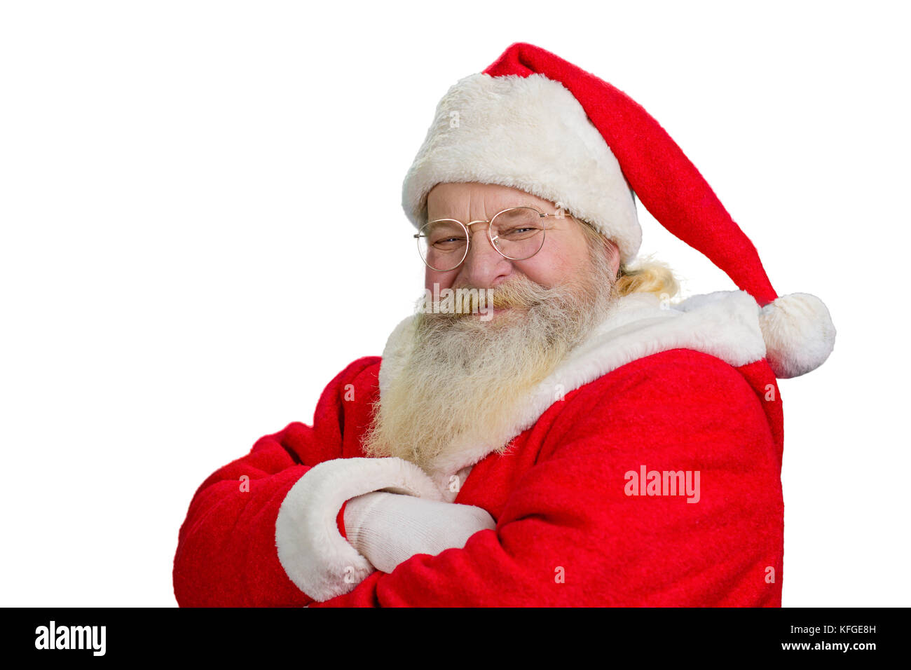 Portrait du père noël close up. happy santa claus avec bras croisés isolé sur fond blanc. Banque D'Images