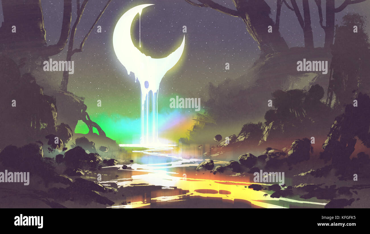Paysage de nuit montrant lune de fusion crée une rivière rougeoyante, style art numérique, illustration peinture Banque D'Images