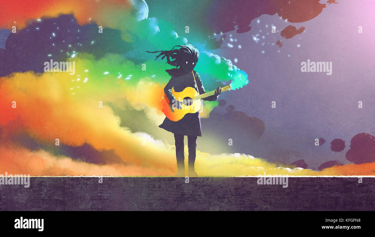 Fille jouant la guitare enchantée avec fumée colorée sur fond sombre, style art numérique, illustration peinture Banque D'Images