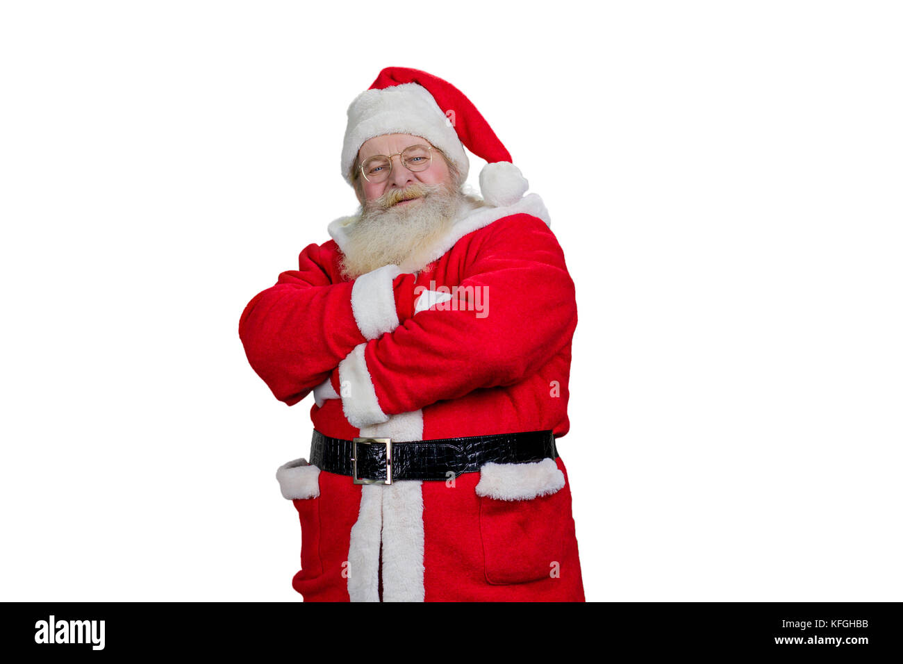 Santa Claus with crossed arms réaliste. Le père noël, les bras croisés on white background, studio shot. Banque D'Images