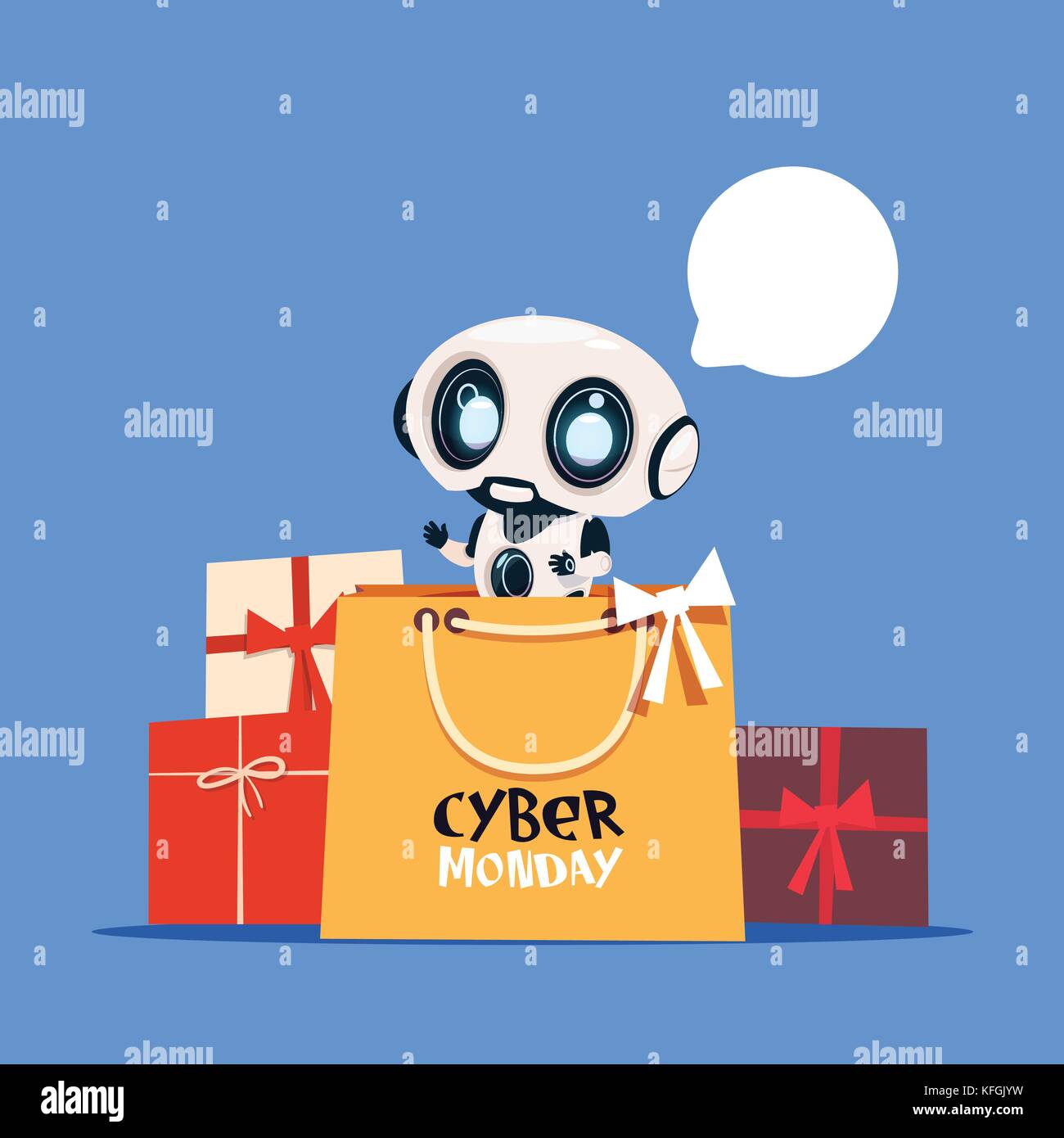 Robot moderne holding Shopping bag avec le cyber lundi en ligne de texte de la technologie moderne de vente design de bannières Illustration de Vecteur