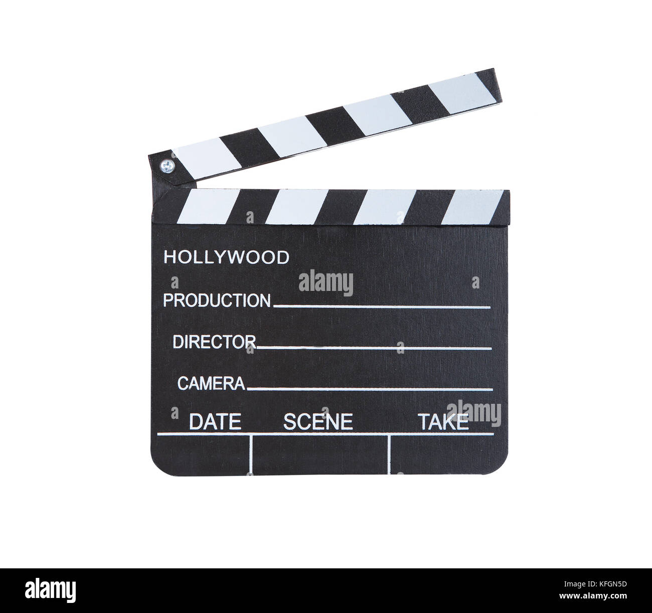 Close-up of a movie clapper classique prêt à enregistrer une nouvelle production hollywoodienne avec des cases en blanc pour directeur date de scène et de prise isolat Banque D'Images