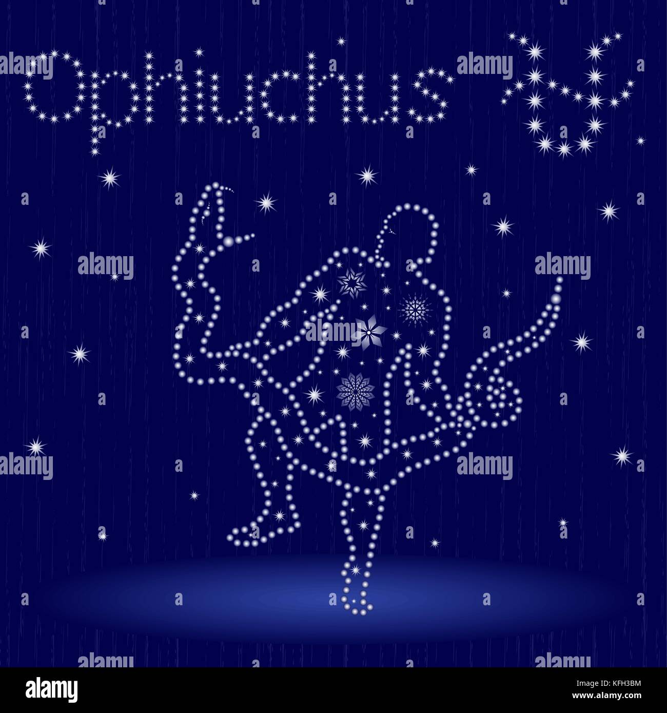 Autre treizième signe du zodiaque Ophiuchus sur fond bleu ciel étoilé, hand drawn vector illustration en hiver avec motif étoile stylisée et flocons o Illustration de Vecteur