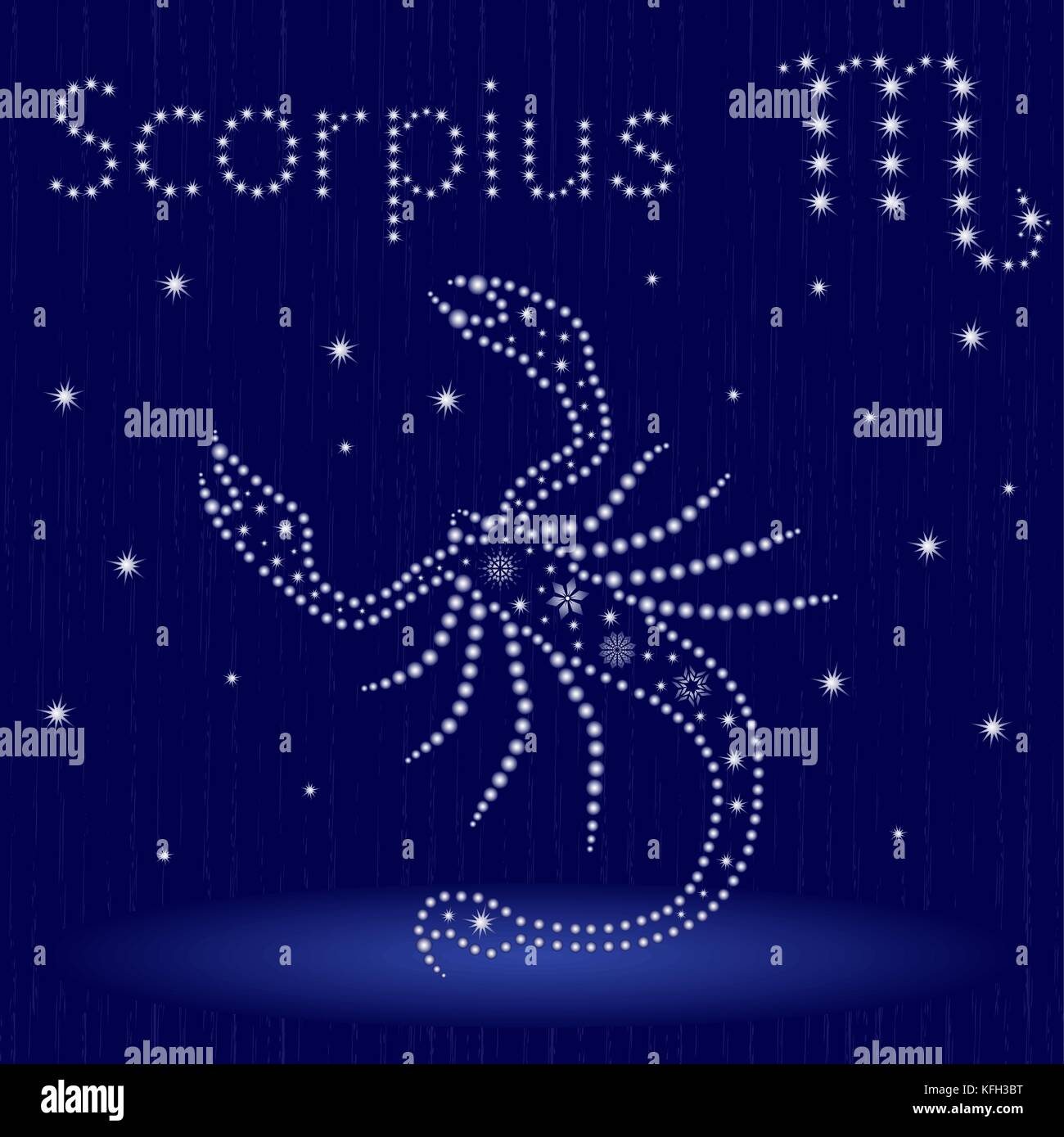 Signe astrologique Scorpion bleu sur un ciel étoilé, hand drawn vector illustration en hiver avec motif étoiles et flocons stylisés sur fond transparent Illustration de Vecteur