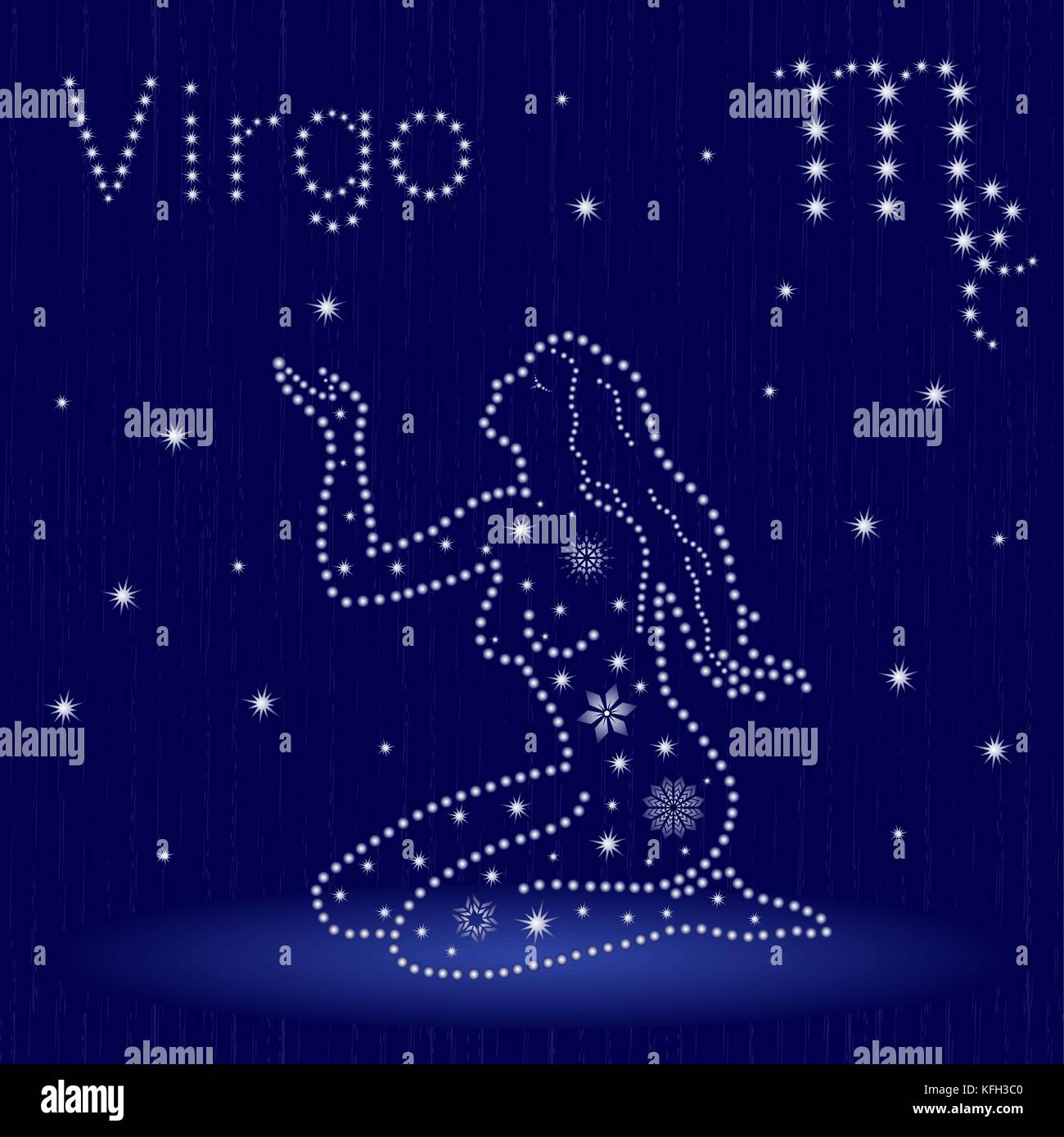 Signe astrologique Vierge sur un fond bleu ciel étoilé, hand drawn vector illustration en hiver avec motif étoiles et flocons stylisés sur fond transparent Illustration de Vecteur