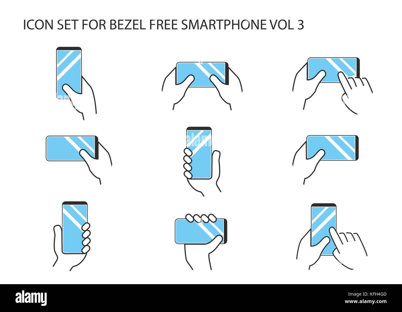 Main tenant cadre moderne smartphone libre avec écran tactile sans cadre dans différentes variations. modèle plat avec de multiples fine ligne vector icons. Illustration de Vecteur