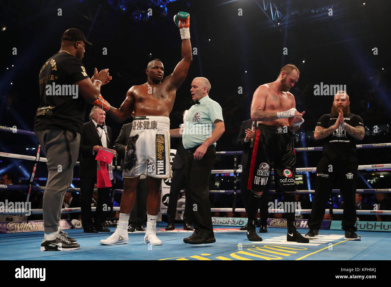 Dillian Whyte célèbre la victoire sur Robert Helenius lors de la partie vacante du titre de WBC Silver Heavyweight au stade de la Principauté de Cardiff. APPUYEZ SUR ASSOCIATION photo. Date de la photo: Samedi 28 octobre 2017. Voir PA Story BOXING Cardiff. Le crédit photo devrait se lire comme suit : Nick Potts/PA Wire Banque D'Images