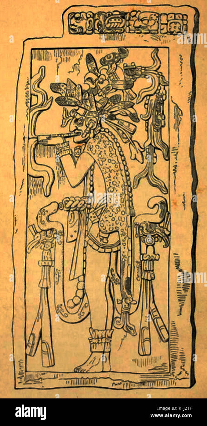 Histoire du tabac - un bas-relief d'un autel à Palenque montrant un tabac indien Banque D'Images