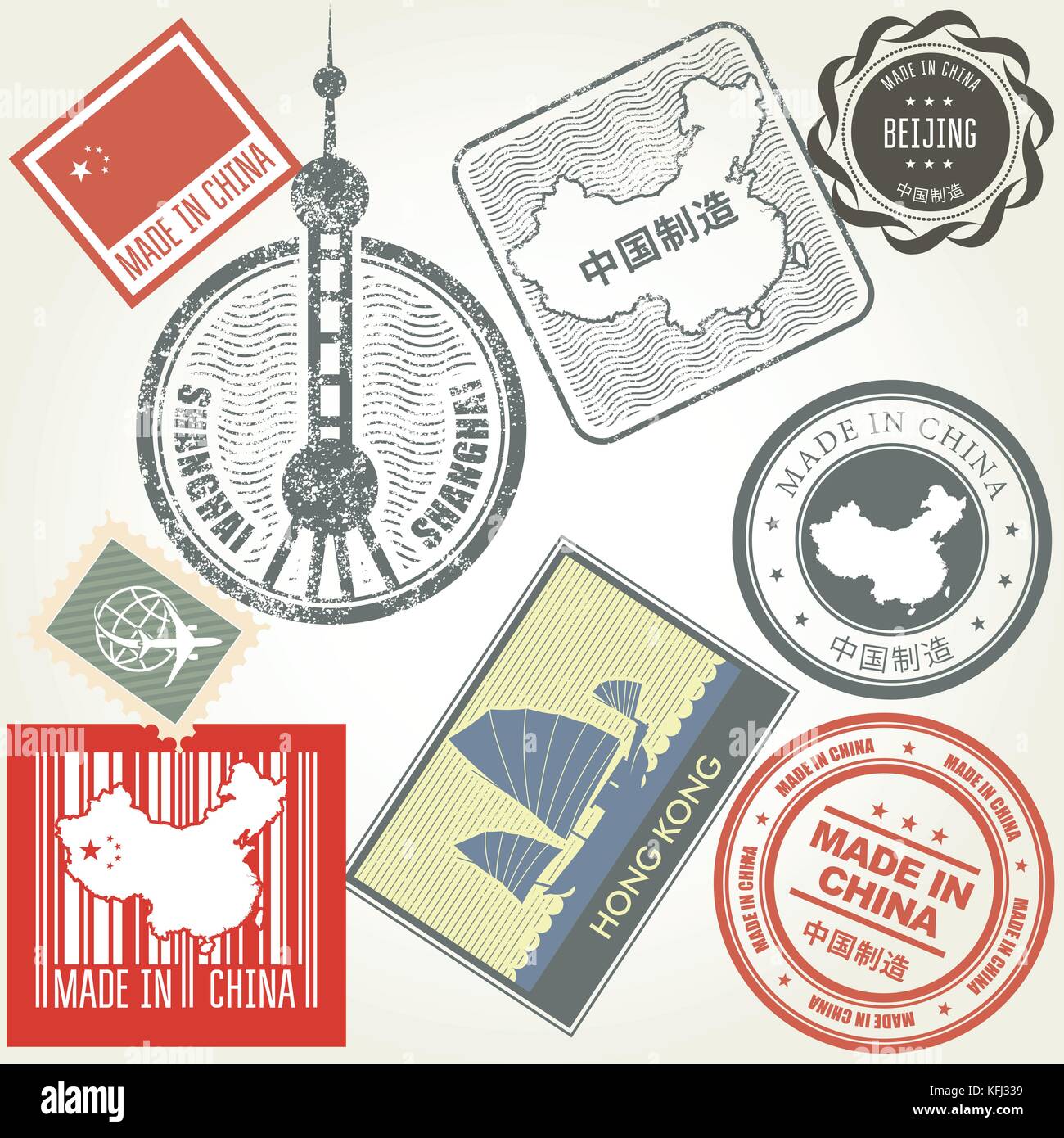 Fabriqué en Chine grunge tampons en caoutchouc set Illustration de Vecteur