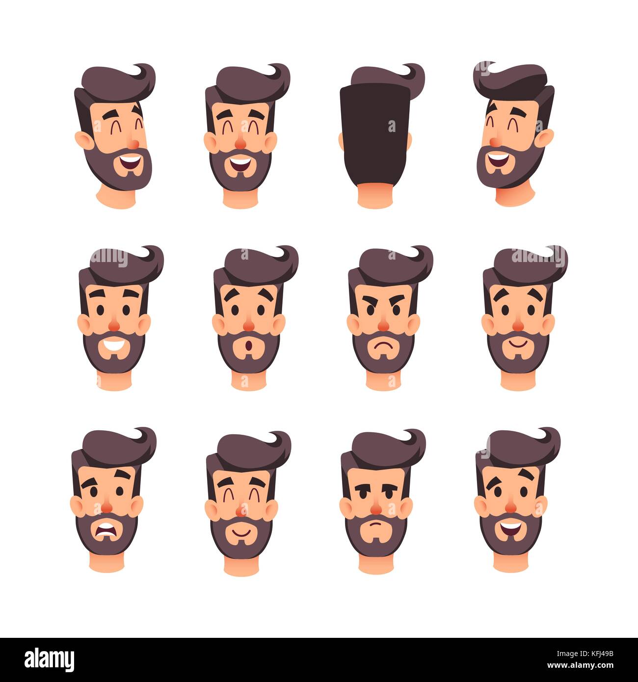 La tête de l homme avec des émotions différentes. Jeu de caractères de faces mâles à vecteur de dessin animé. Émotions faciales pour le jeu ou l'animation. Arrière, avant, tête latérale. Avatar d'un jeune homme avec différentes expressions visage. Illustration de Vecteur