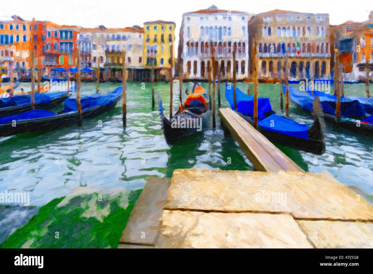 Style de peinture à l'huile de gondoles amarrés sur le grand canal à Venise Banque D'Images
