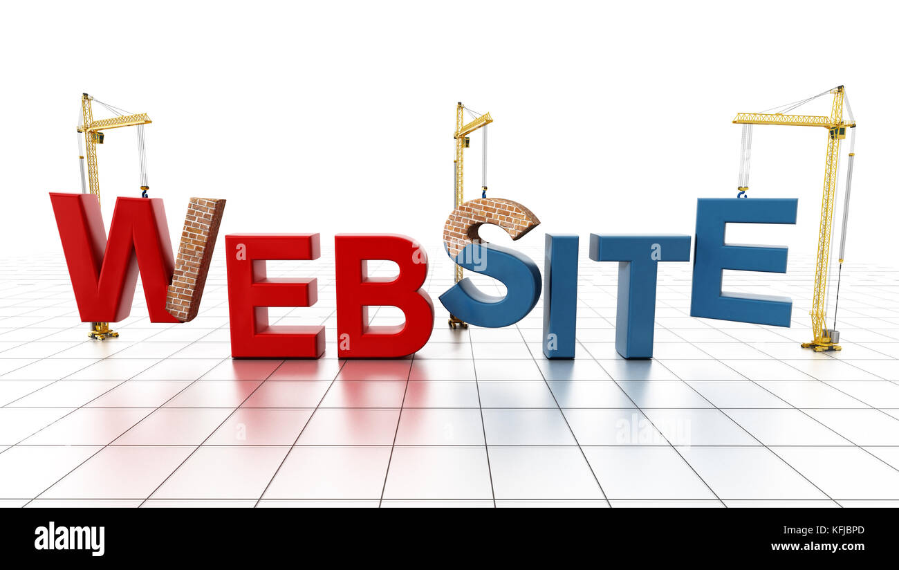 Grues de construction jaune site web fournissant des lettres de mots. 3d illustration. Banque D'Images