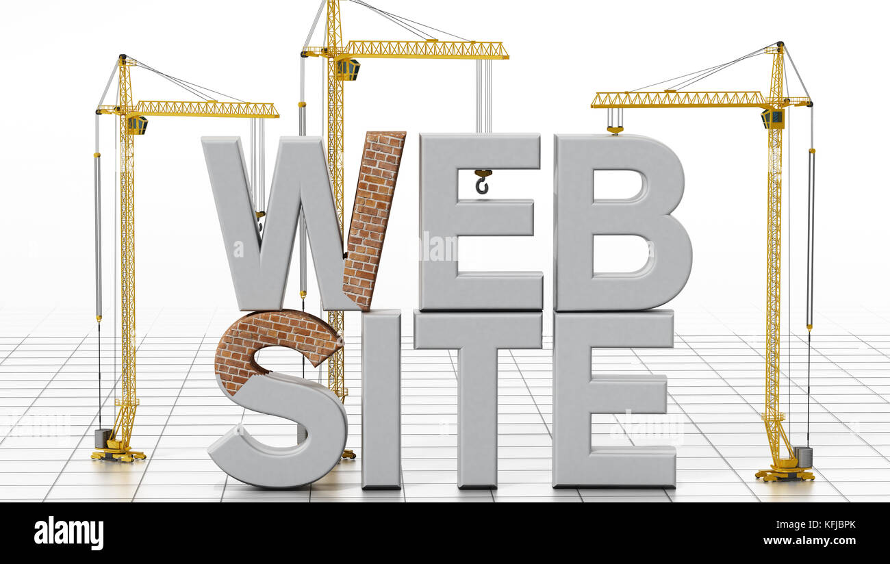 Grues de construction jaune site web fournissant des lettres de mots. 3d illustration. Banque D'Images