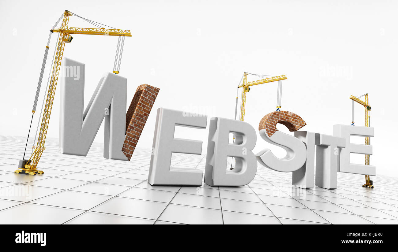 Grues de construction jaune site web fournissant des lettres de mots. 3d illustration. Banque D'Images
