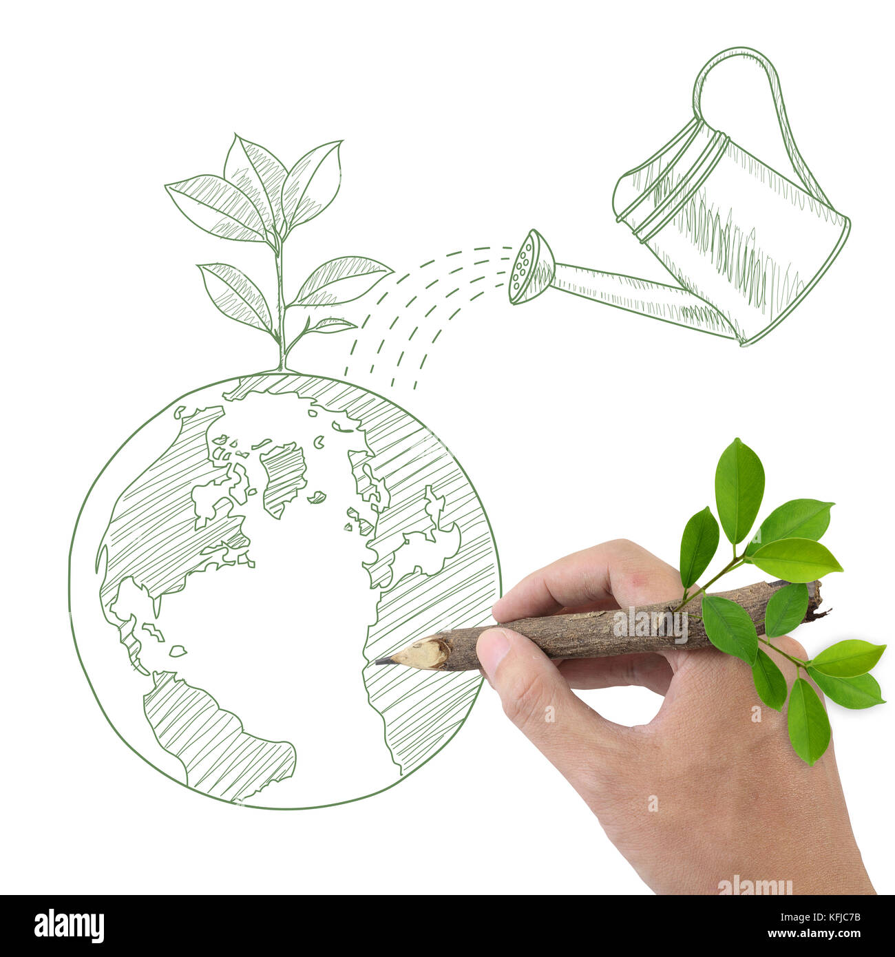 Dessin A La Main Des Hommes Globe Avec Plante Verte Et L Arrosoir Photo Stock Alamy