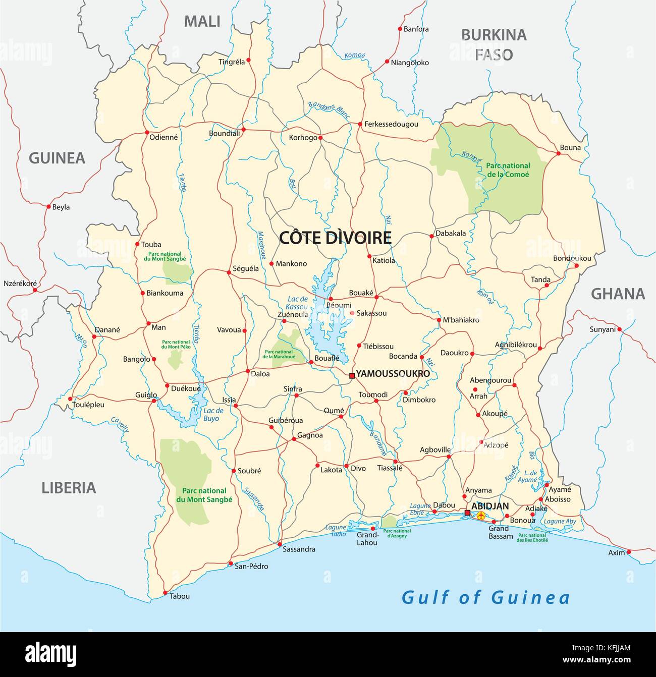 Côte d'ivoire carte vectorielle routière Image Vectorielle Stock Alamy