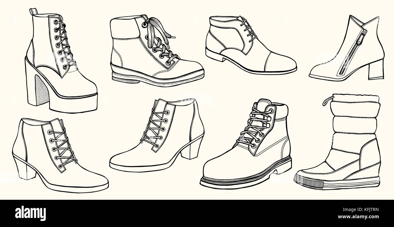 Hand drawn vector set de chaussures. creative art d'encre. travail dessin  style doodle sneakers, bottes, sandales, plate-forme Image Vectorielle  Stock - Alamy