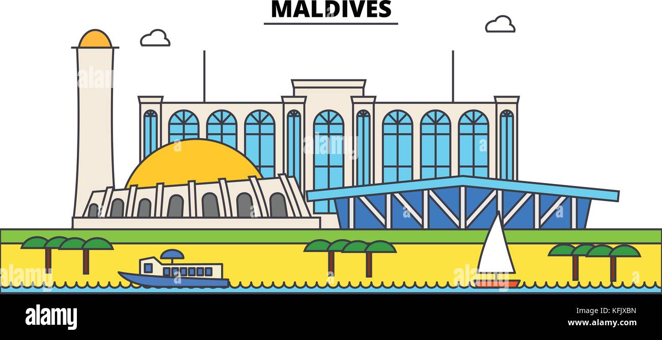 Maldives contours city skyline, illustration linéaire, bannière, monument, voyage silhouette vecteur,bâtiments Illustration de Vecteur