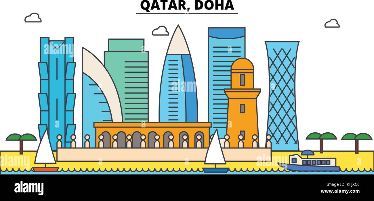 Qatar, Doha contours city skyline, illustration linéaire, bannière, monument, voyage silhouette vecteur,bâtiments Illustration de Vecteur