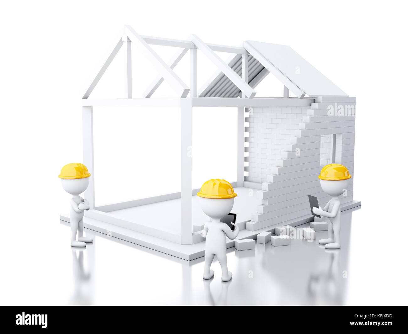 3d illustration. maison en construction avec les constructeurs. concept de construction isolé sur fond blanc. Banque D'Images