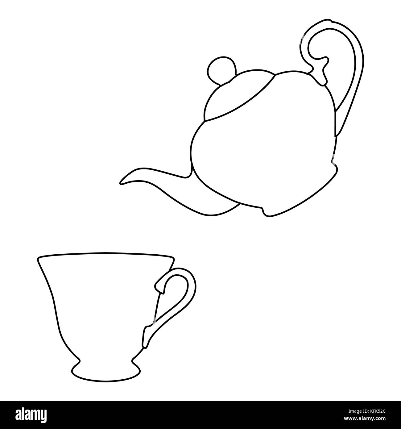 Vector illustration silhouette de théière et tasse de thé icon isolé sur fond blanc. tea party ou le thé l'après-midi. le dessin des lignes Illustration de Vecteur