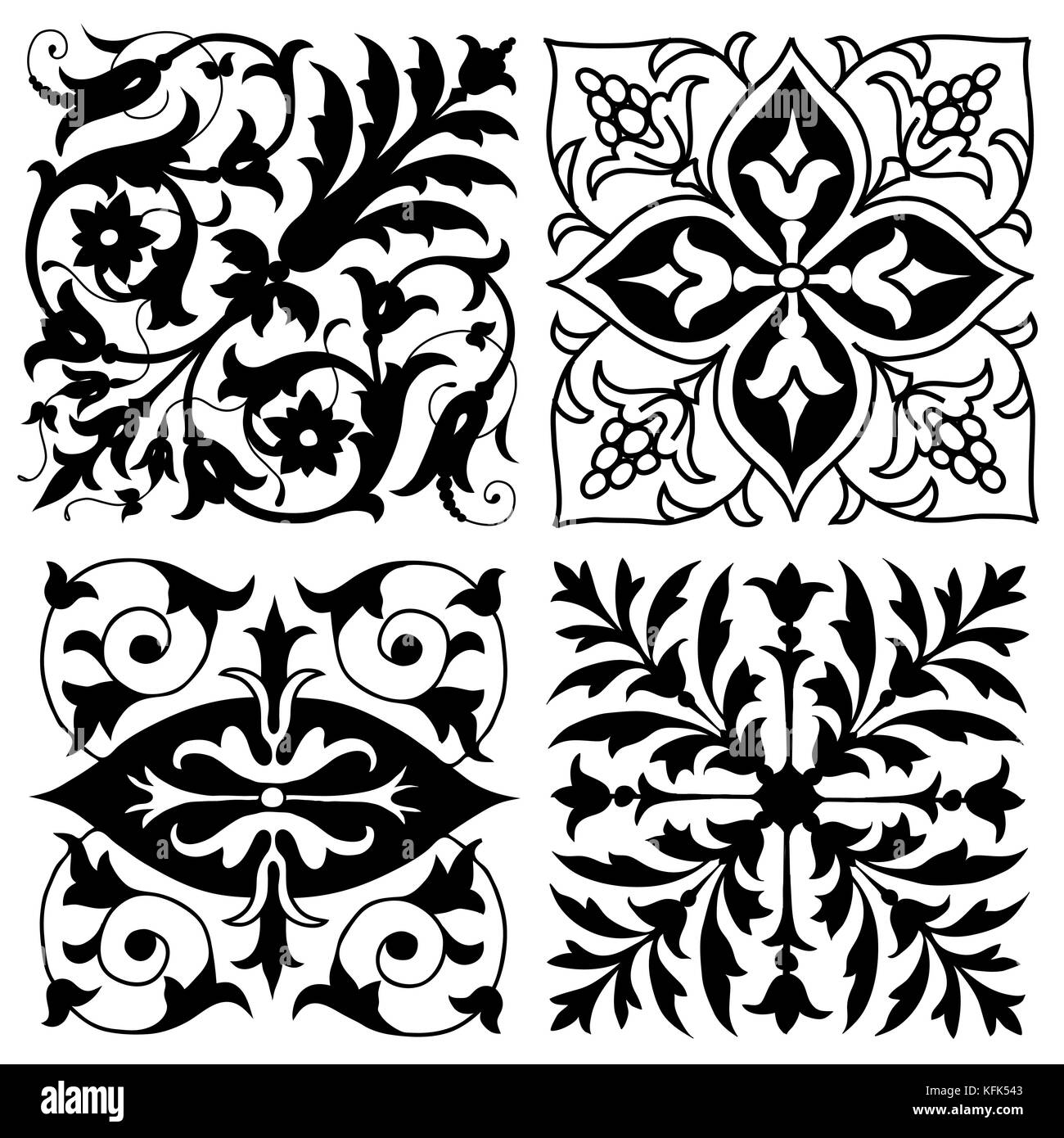 Quatre dessins symétriques folié vintage ornament en format carré avec des éléments isolés sur fond blanc - vector illustration Illustration de Vecteur