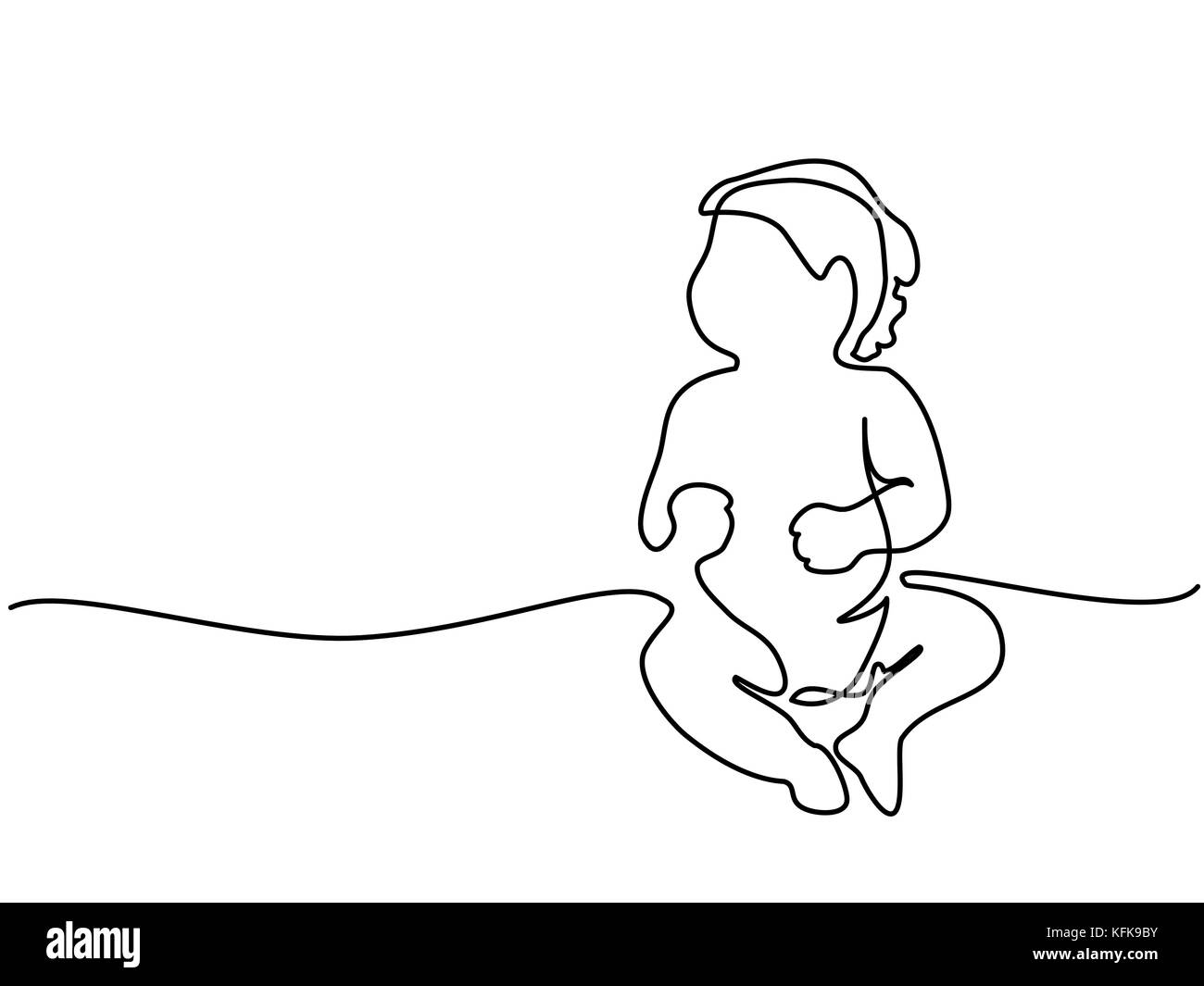 Dessin de ligne continue. Mignon bébé assis sur le fond blanc. Vector illustration Illustration de Vecteur